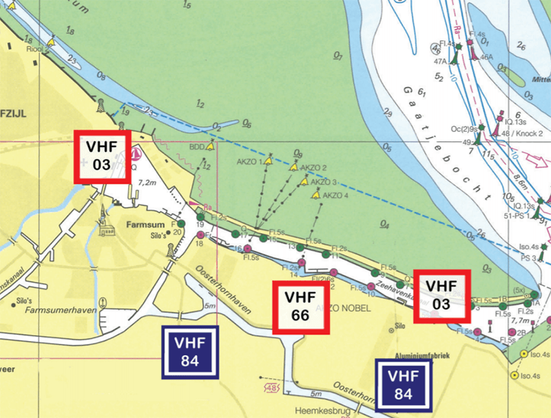 Blokkanaal op de oever en in de kaart kan je het betreffende kanaal aflezen.